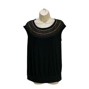 Grace Elements Womens Top Size Large Cap Sleeve Blouse Black Studded Banded Hem